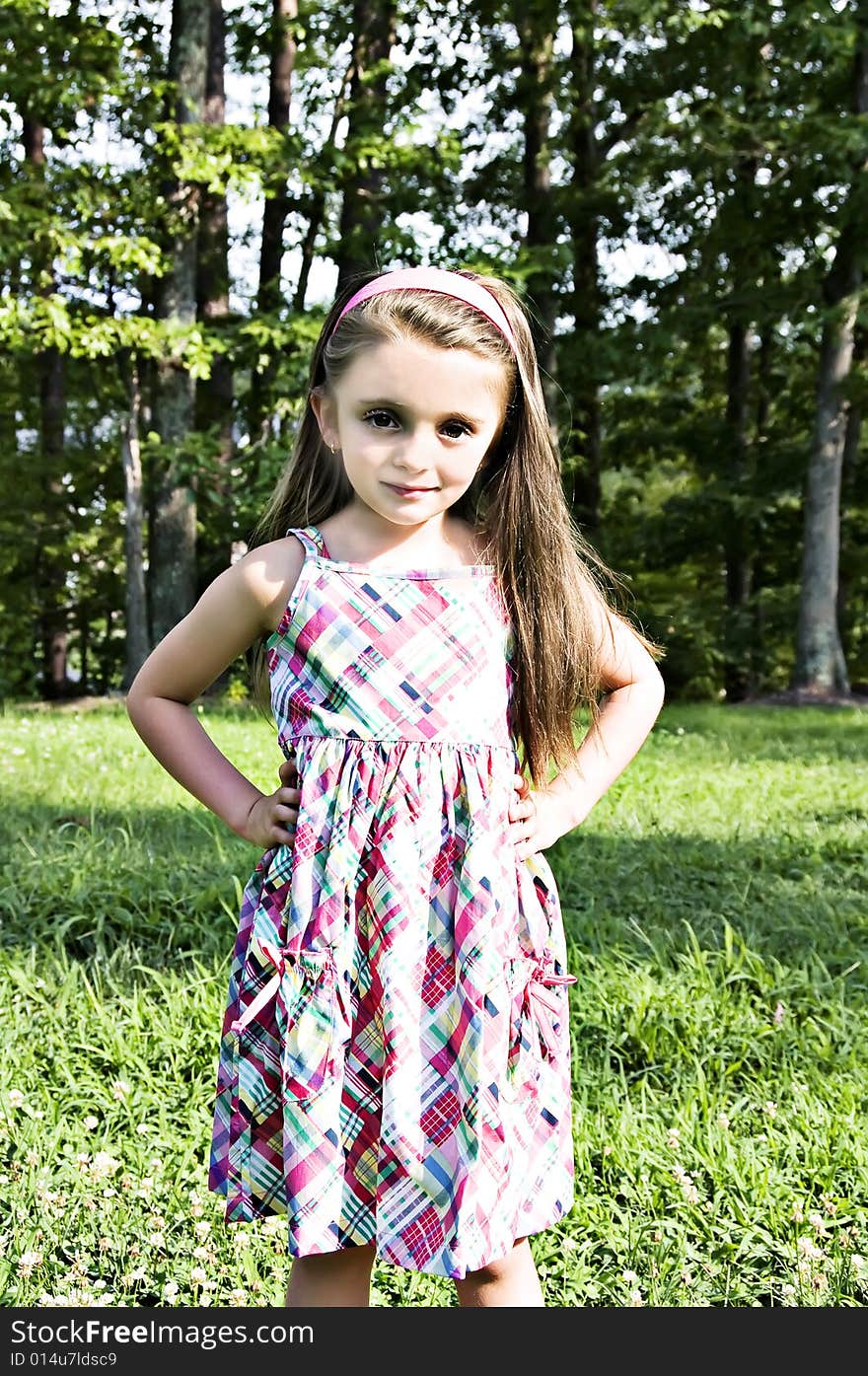 Beautiful little girl modeling a plaidd dress in an outdoor setting with long brown hair. Beautiful little girl modeling a plaidd dress in an outdoor setting with long brown hair.