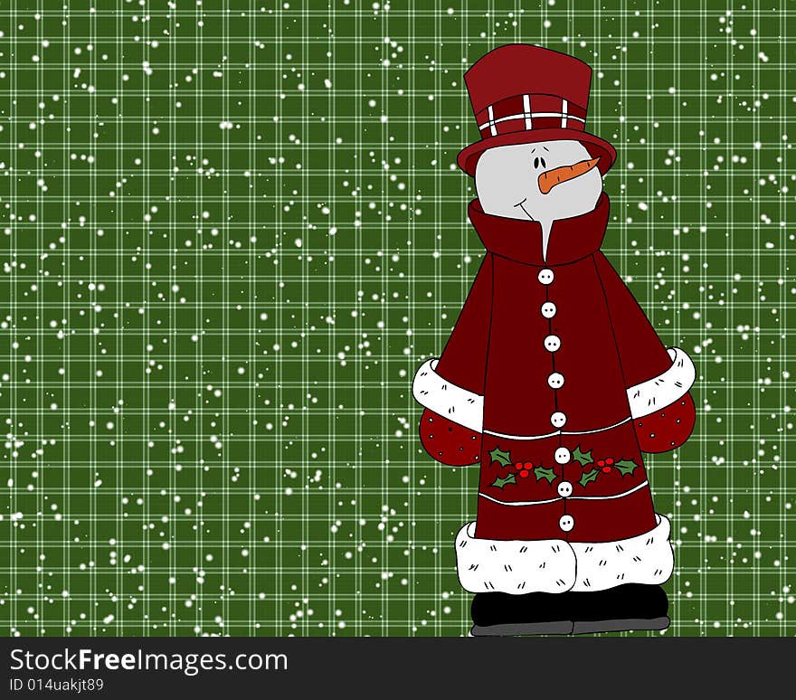 A dressed up snowman on a green plaid background with snow falling. A dressed up snowman on a green plaid background with snow falling