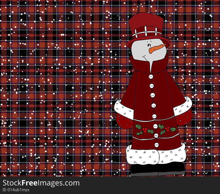 Snowman On Red Plaid Background