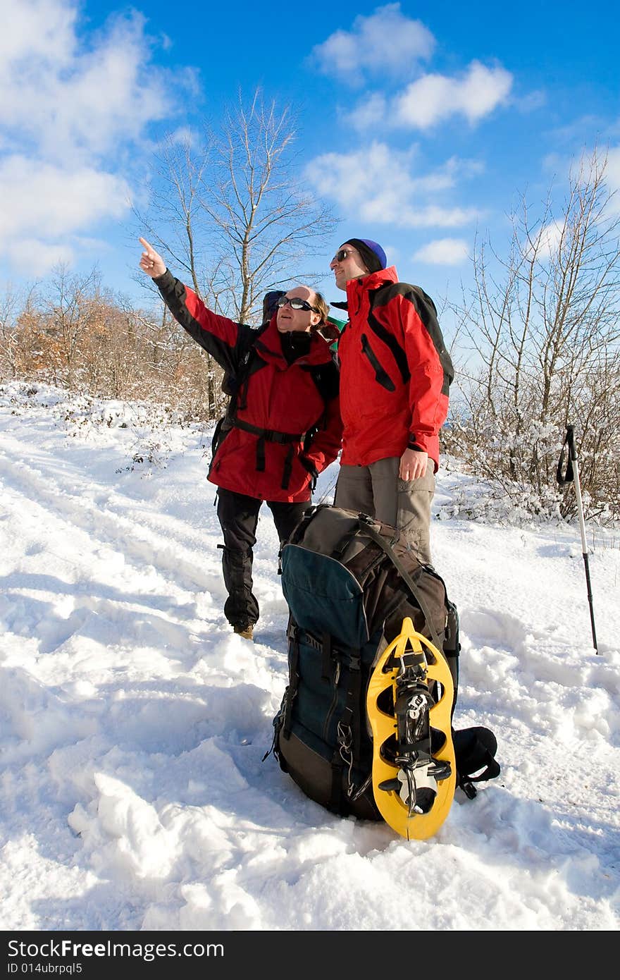 Backpacker in winter mountain, Crimea