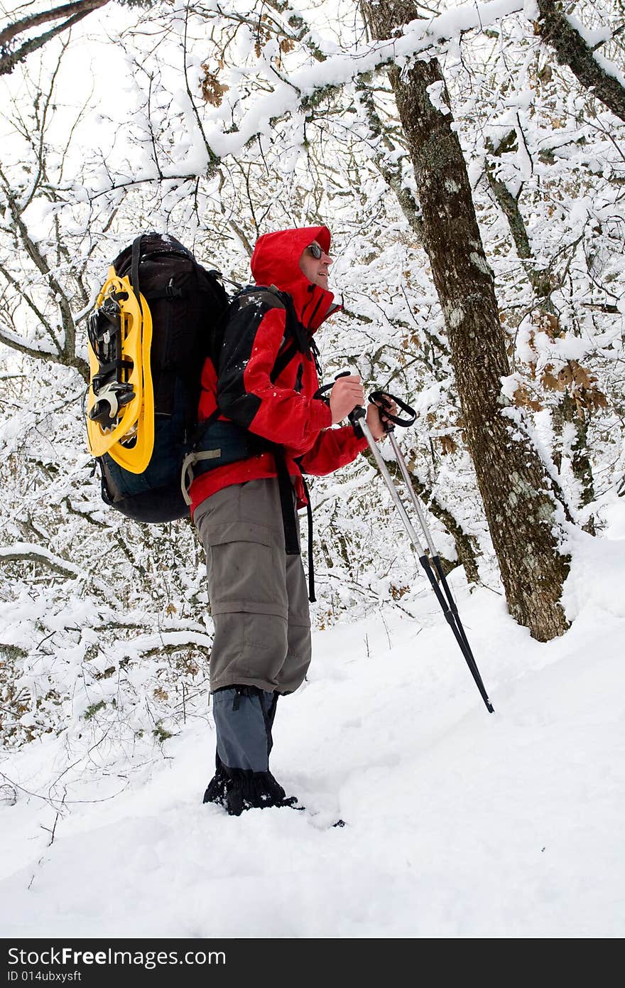 Backpacker in winter mountain, Crimea