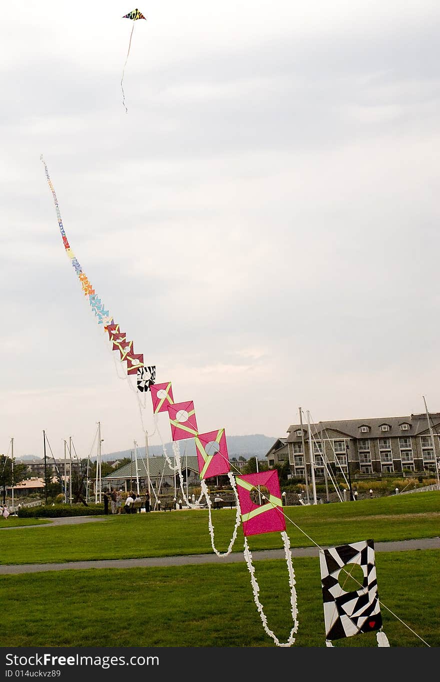 Colorful kites blowing into the sky on a cloudy day. Colorful kites blowing into the sky on a cloudy day