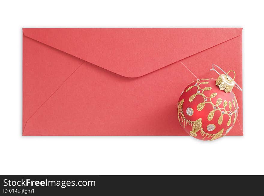 Red envelope and christmas ball isolated on white background