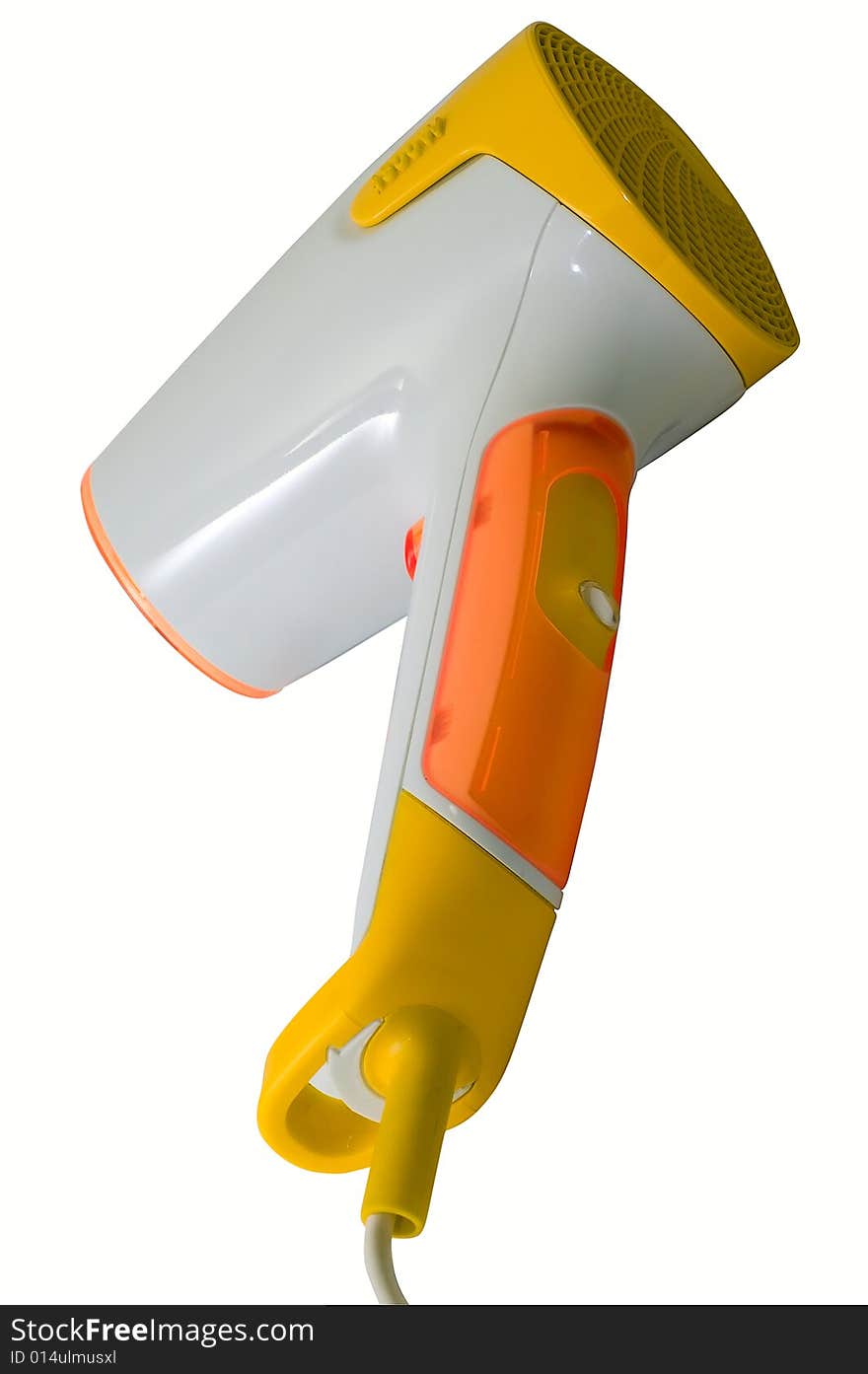 Stylish yellow and orange hairdryer on white