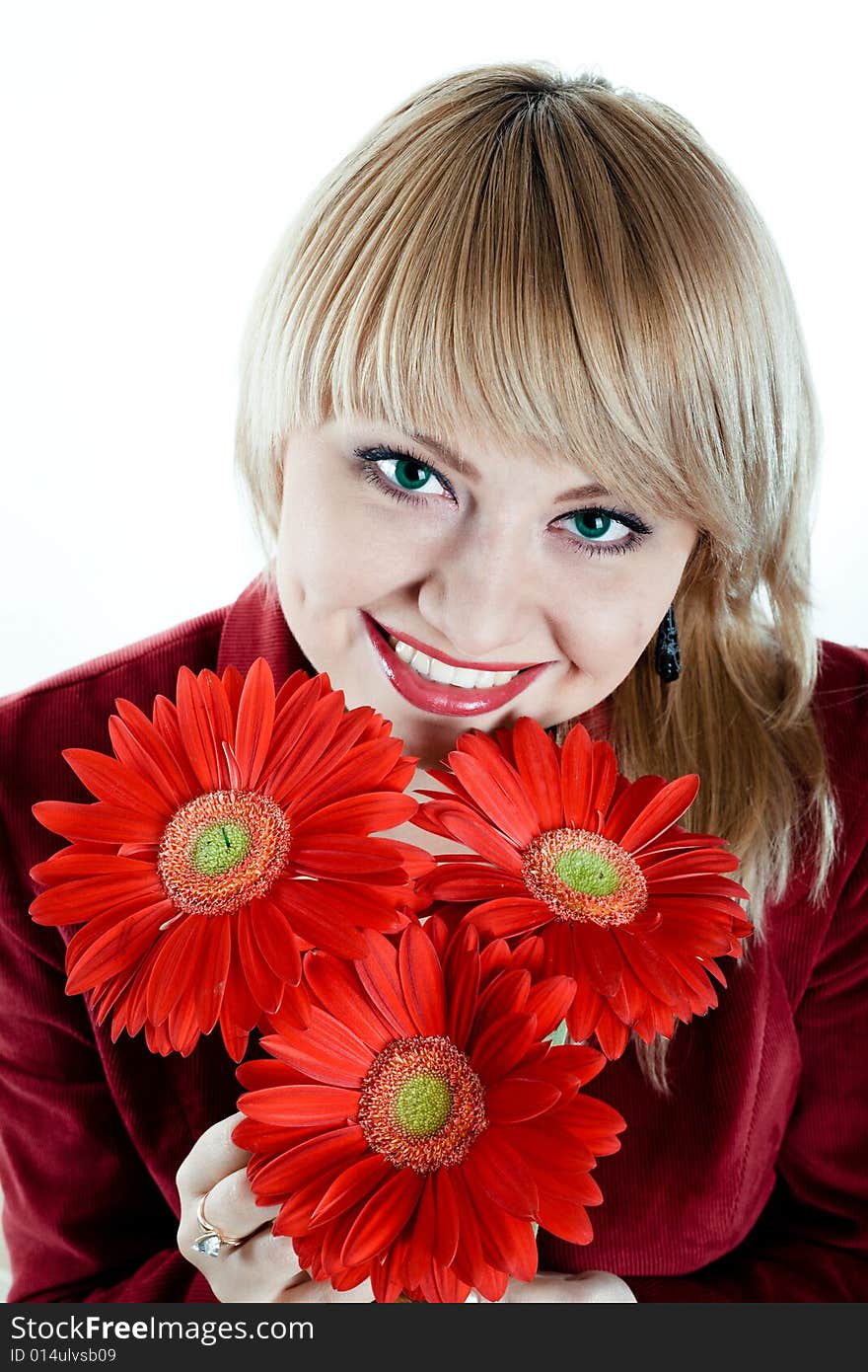 An image of nice woman with red flowers