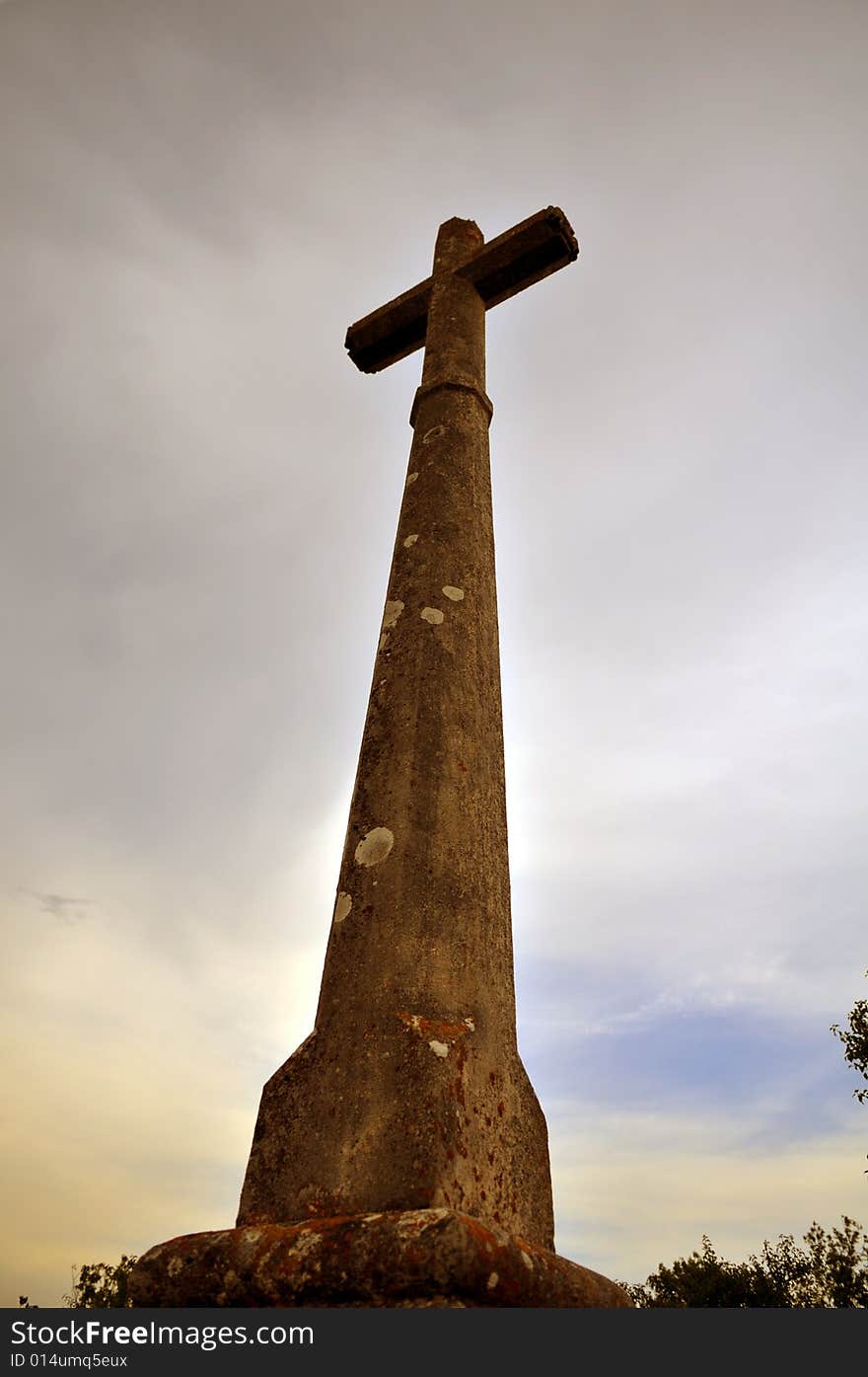 Backlit cross in the country. Backlit cross in the country