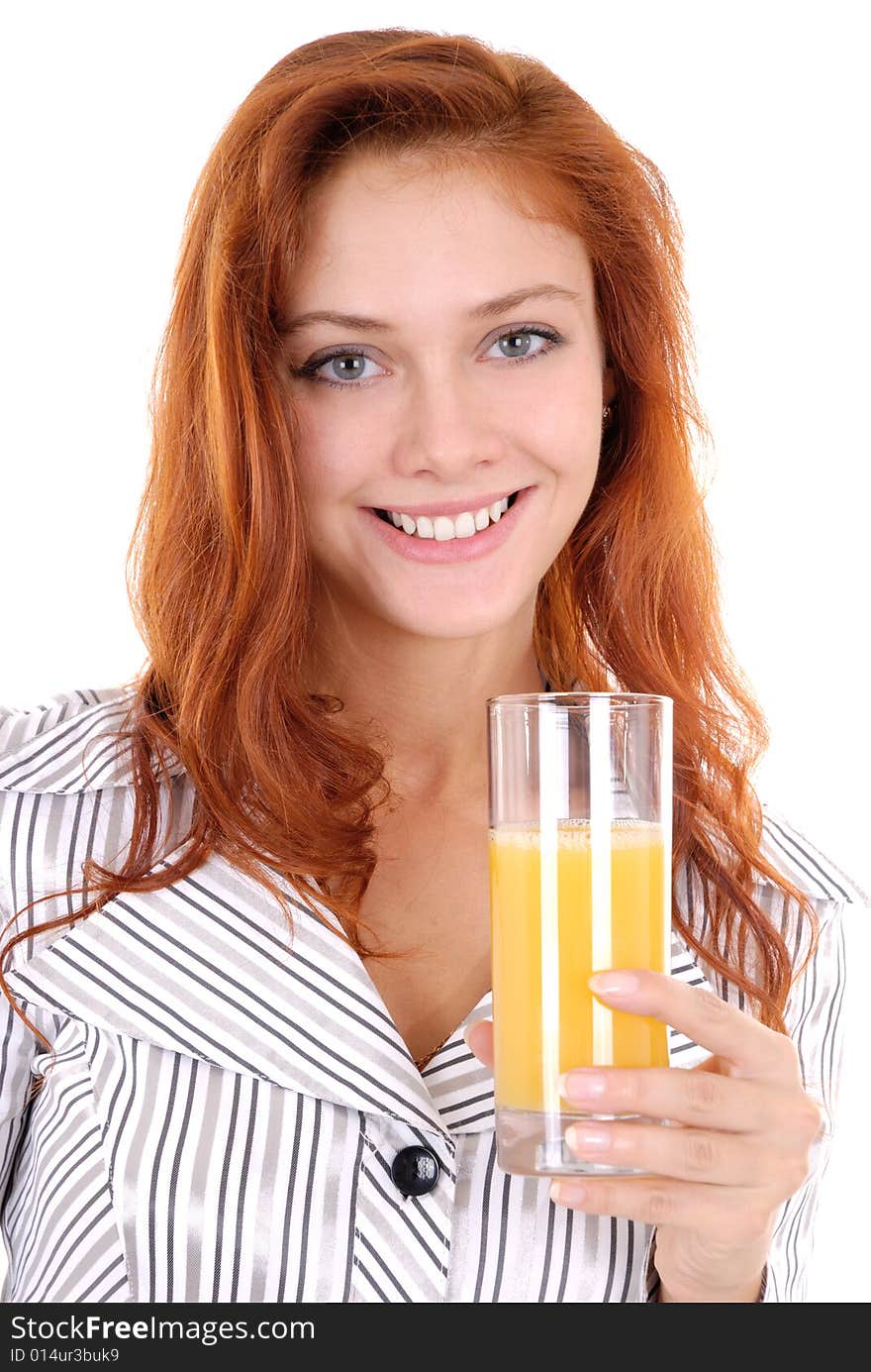 Portrait of a happy young pretty woman drink orange juice