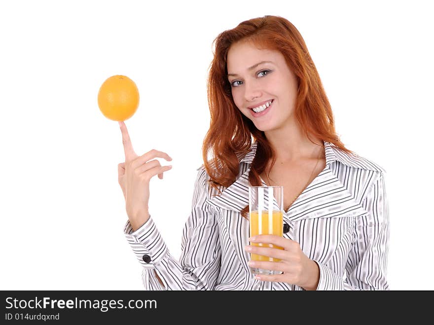 Portrait of a happy young pretty woman drink juice and orange