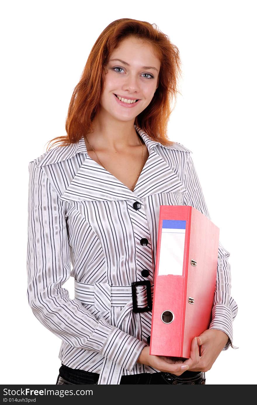 A pretty young redheaded businesswoman with folder