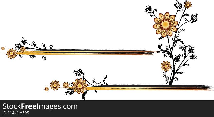 A pair of two horizontal golden lines with a flower arising from the lowermost one. A pair of two horizontal golden lines with a flower arising from the lowermost one.