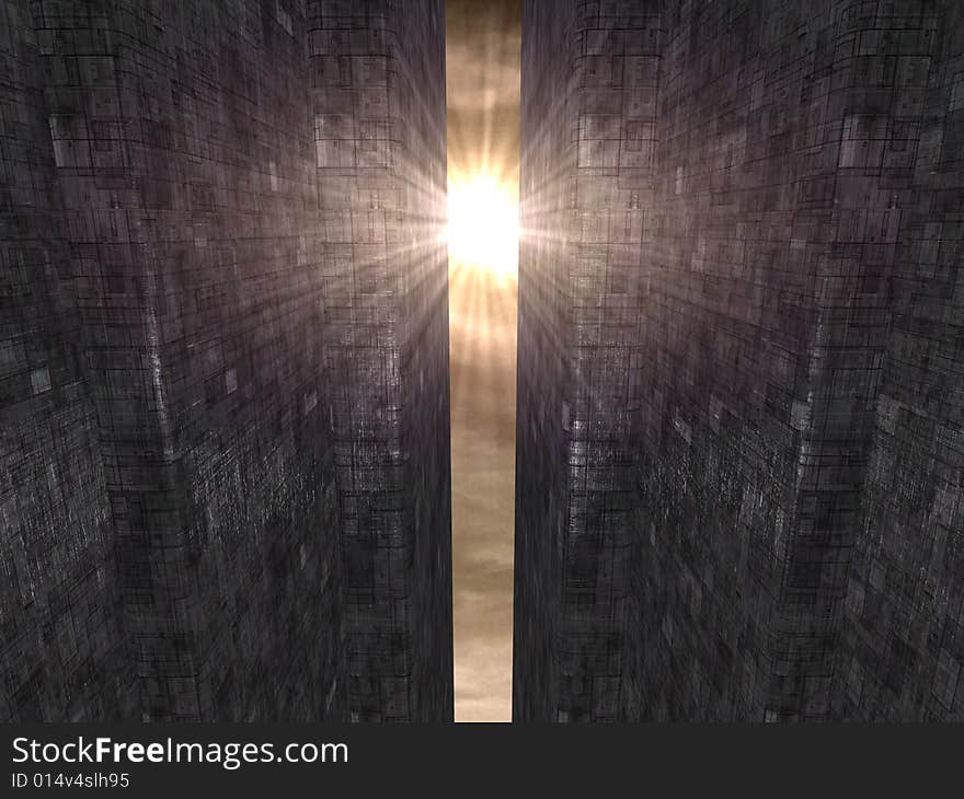 Alien sun rays and futuristic buildings in alien planet