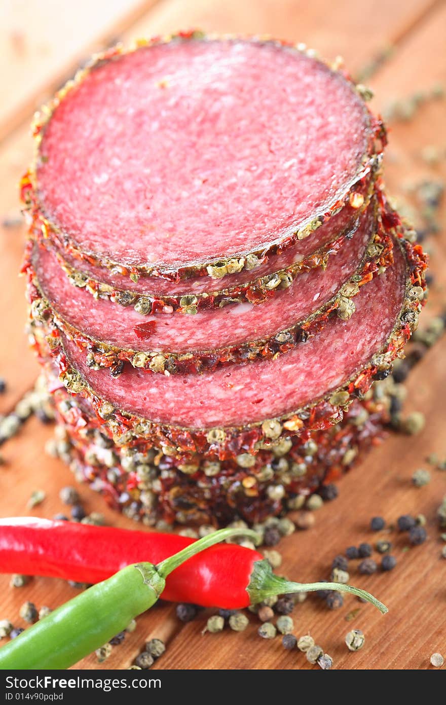 Salami with pepper and chili