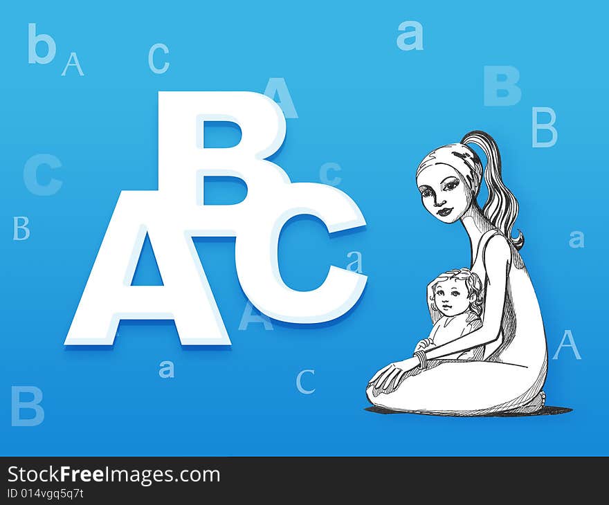 Alphabet for a children, mother, baby, letters, blue