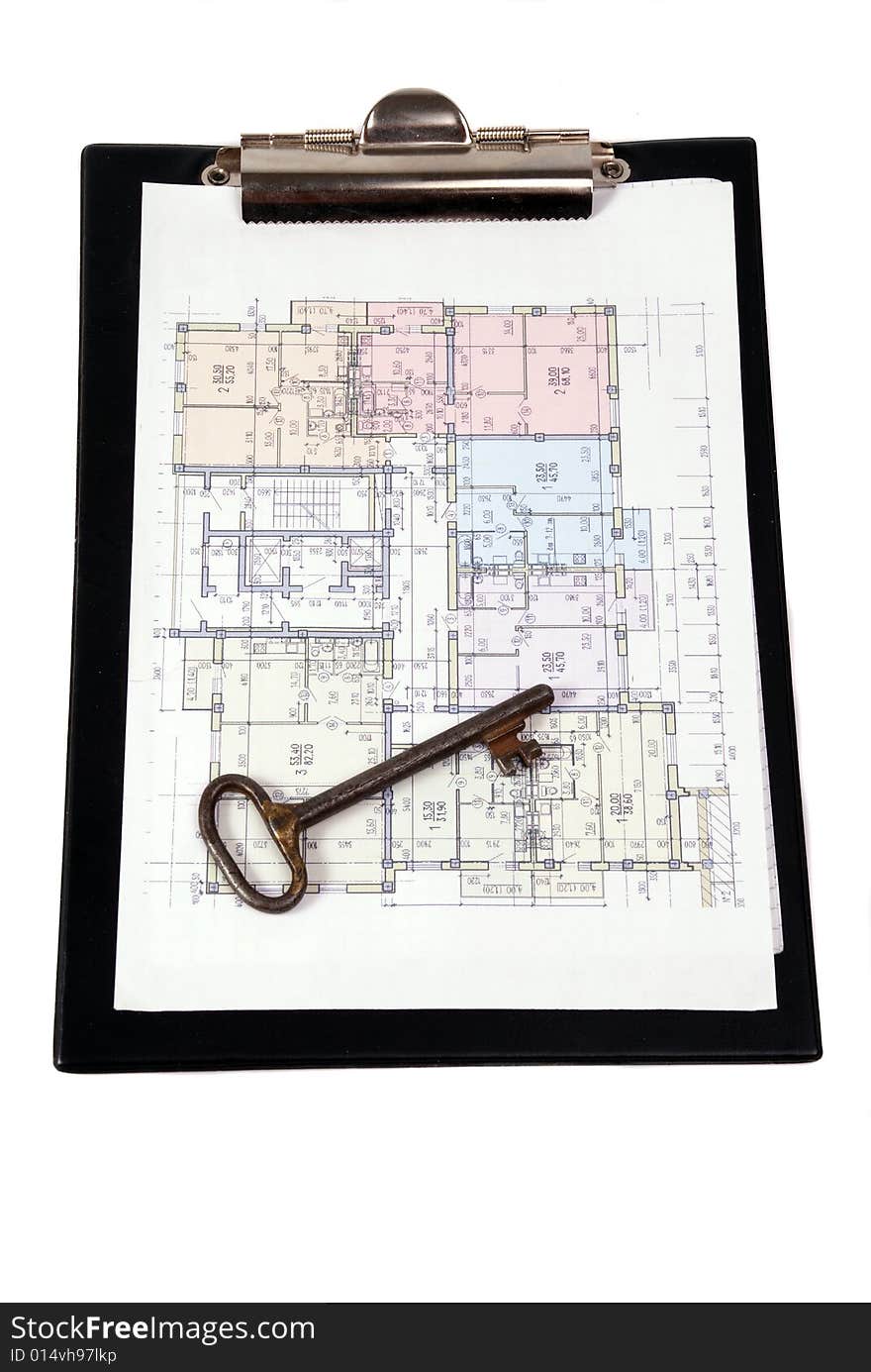 Blueprint of house plans and old key