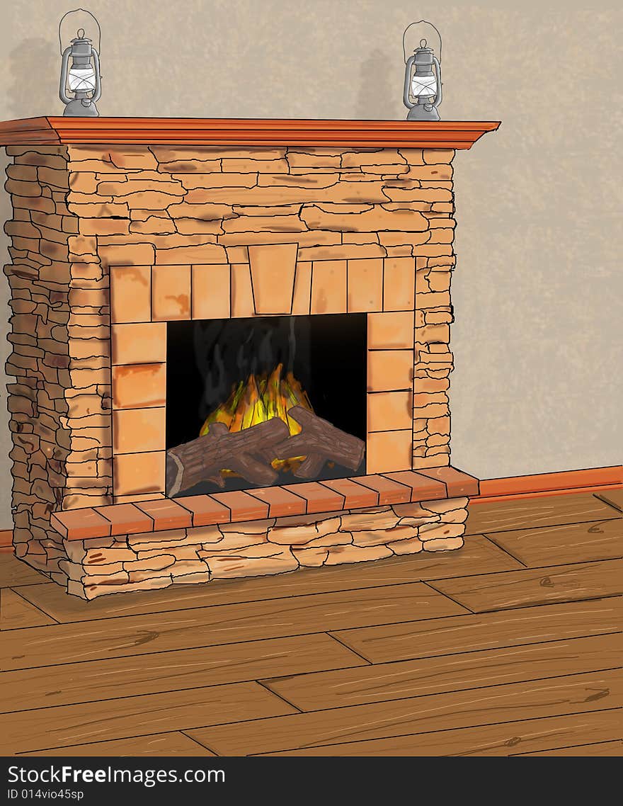 An illustration of a fireplace and a wood floor.