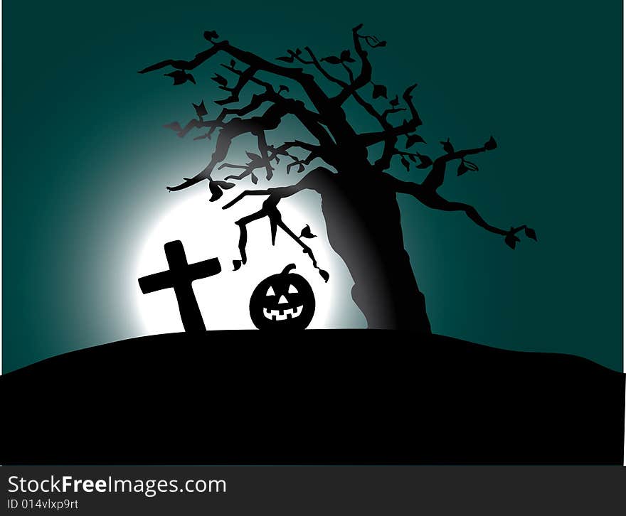 Halloween. Pumpkin and grave on moon background for your Halloween