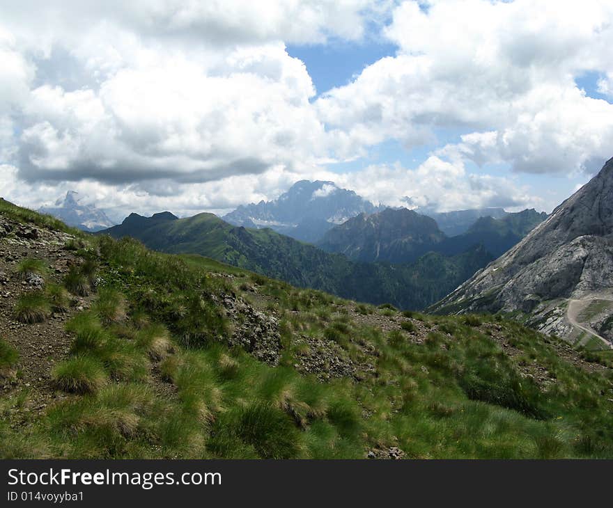 Mountain view of the dolomites during summer on a cloudy day. Mountain view of the dolomites during summer on a cloudy day