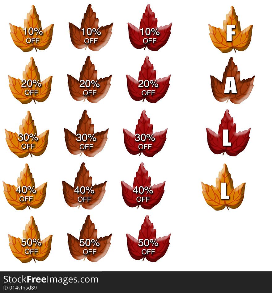 A set of fall leaves with 10, 20, 30, 40 & 50 % off, with an addtional 4 leaves spelling the word \fall\. A set of fall leaves with 10, 20, 30, 40 & 50 % off, with an addtional 4 leaves spelling the word \fall\