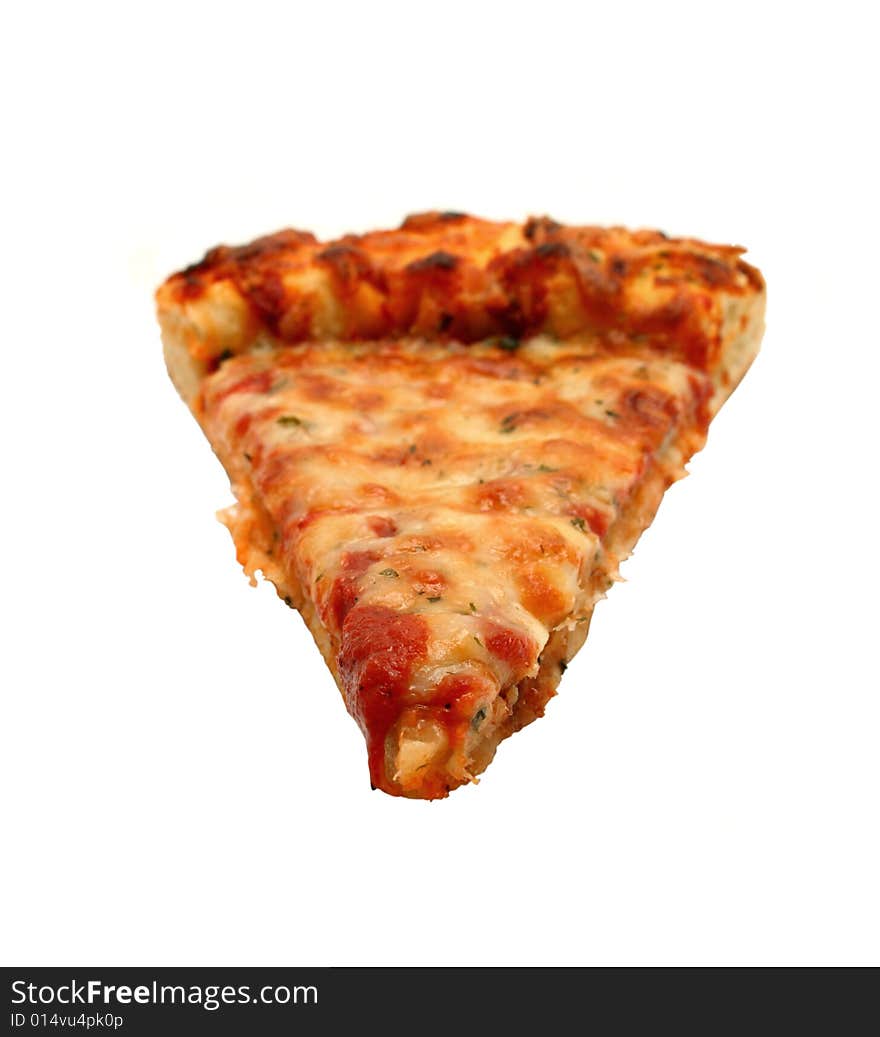 A slice of cheese pizza isolated on a white background.