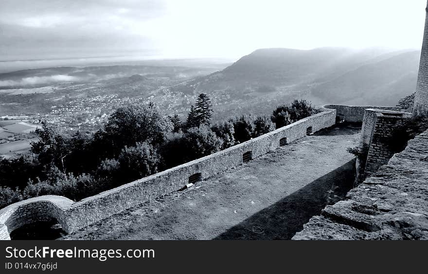 Castle Hohennneuffen, a medieval knights' ruin at the boarder of the Swabian Alb mountains, 15 miles southeast from Stuttgart. Baden-Wuerttemberg, Germany. B/W version in rather dramatic exposure settings. Castle Hohennneuffen, a medieval knights' ruin at the boarder of the Swabian Alb mountains, 15 miles southeast from Stuttgart. Baden-Wuerttemberg, Germany. B/W version in rather dramatic exposure settings.