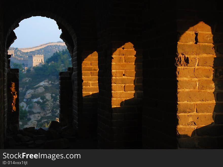 Door of a watchtower of the great wall in morning sunlights, hebei, china