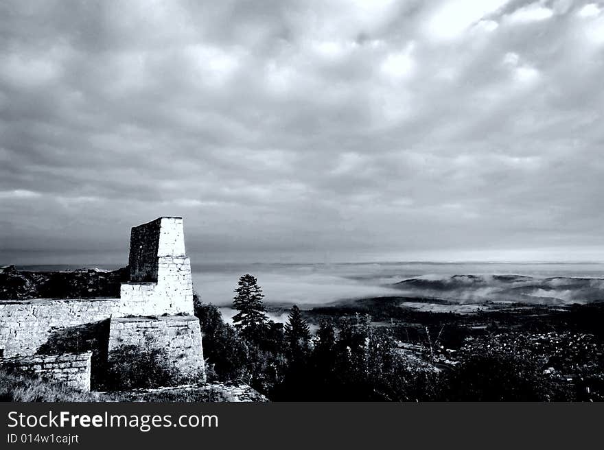 Castle Hohennneuffen, a medieval knights' ruin at the boarder of the Swabian Alb mountains, 15 miles southeast from Stuttgart. Baden-Wuerttemberg, Germany. B/W version in rather dramatic exposure settings. Castle Hohennneuffen, a medieval knights' ruin at the boarder of the Swabian Alb mountains, 15 miles southeast from Stuttgart. Baden-Wuerttemberg, Germany. B/W version in rather dramatic exposure settings.