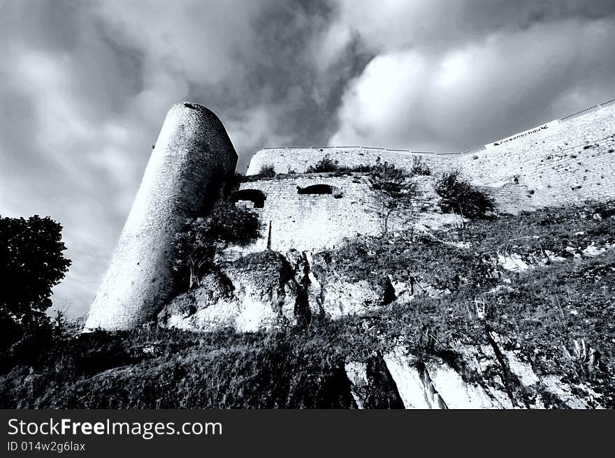 Castle Hohennneuffen, a medieval knights' ruin at the boarder of the Swabian Alb mountains, 15 miles southeast from Stuttgart. Baden-Wuerttemberg, Germany. B/W version in rather dramatic exposure settings. Castle Hohennneuffen, a medieval knights' ruin at the boarder of the Swabian Alb mountains, 15 miles southeast from Stuttgart. Baden-Wuerttemberg, Germany. B/W version in rather dramatic exposure settings.