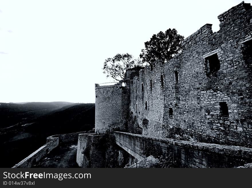 Castle Hohennneuffen, a medieval knights' ruin at the boarder of the Swabian Alb mountains, 15 miles southeast from Stuttgart. Baden-Wuerttemberg, Germany. B/W version in rather dramatic exposure settings. Castle Hohennneuffen, a medieval knights' ruin at the boarder of the Swabian Alb mountains, 15 miles southeast from Stuttgart. Baden-Wuerttemberg, Germany. B/W version in rather dramatic exposure settings.