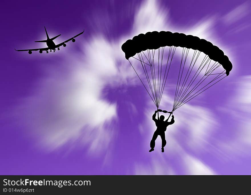 Parachutist falling in the sky with plane on the background. Parachutist falling in the sky with plane on the background