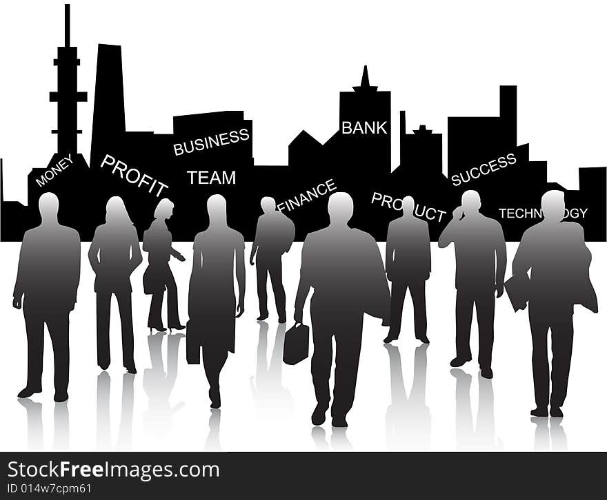 Illustration of business people and city