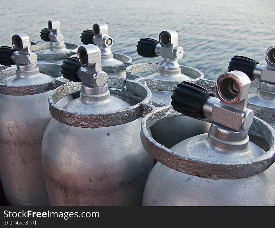 Close view of scuba cylinders. Close view of scuba cylinders