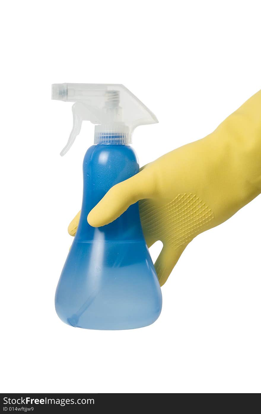 Hand with spray bottle isolated on a white background