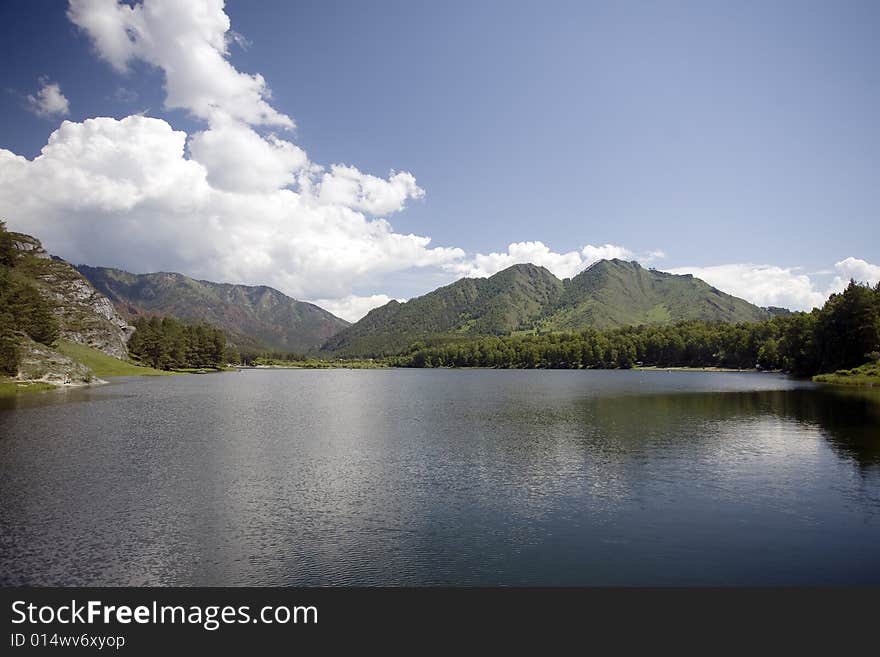 Lake in high mountains of Altai, summer