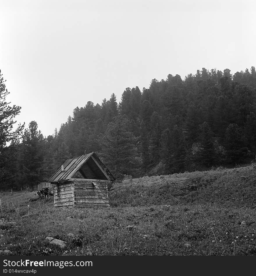 Black and white house in mountains, summer, forest behind