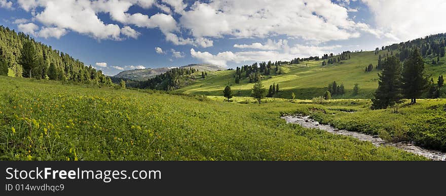 Panoramic picture in high mountains, summer, blue sky and white clouds