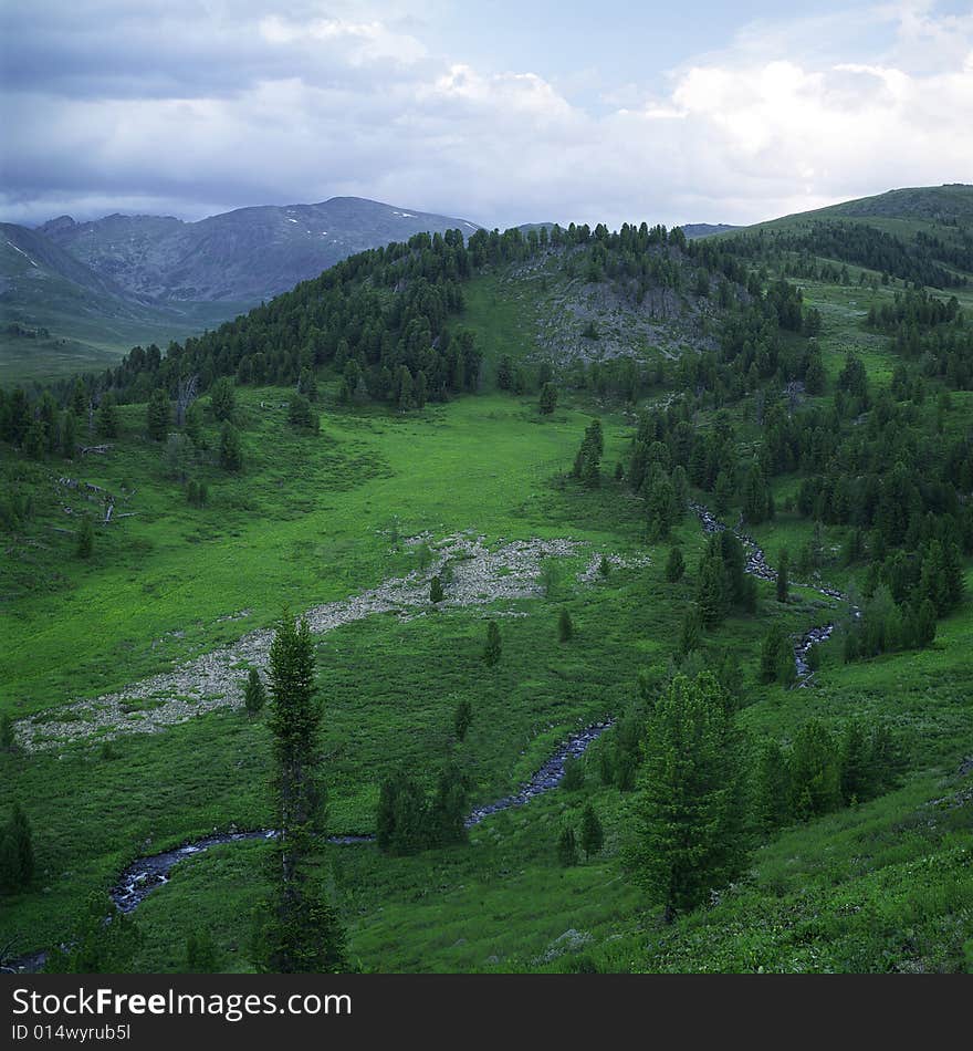 River flow in high mountains, green grass, water and clouds