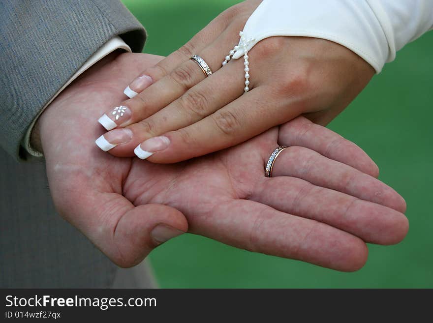 Two palms together. It is man's and female palms. 
There are wedding rings on their fingers. Two palms together. It is man's and female palms. 
There are wedding rings on their fingers.