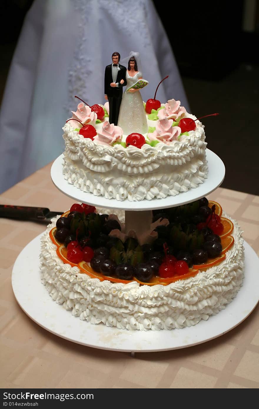 Bride and fiance on the top of the cake. Bride and fiance on the top of the cake