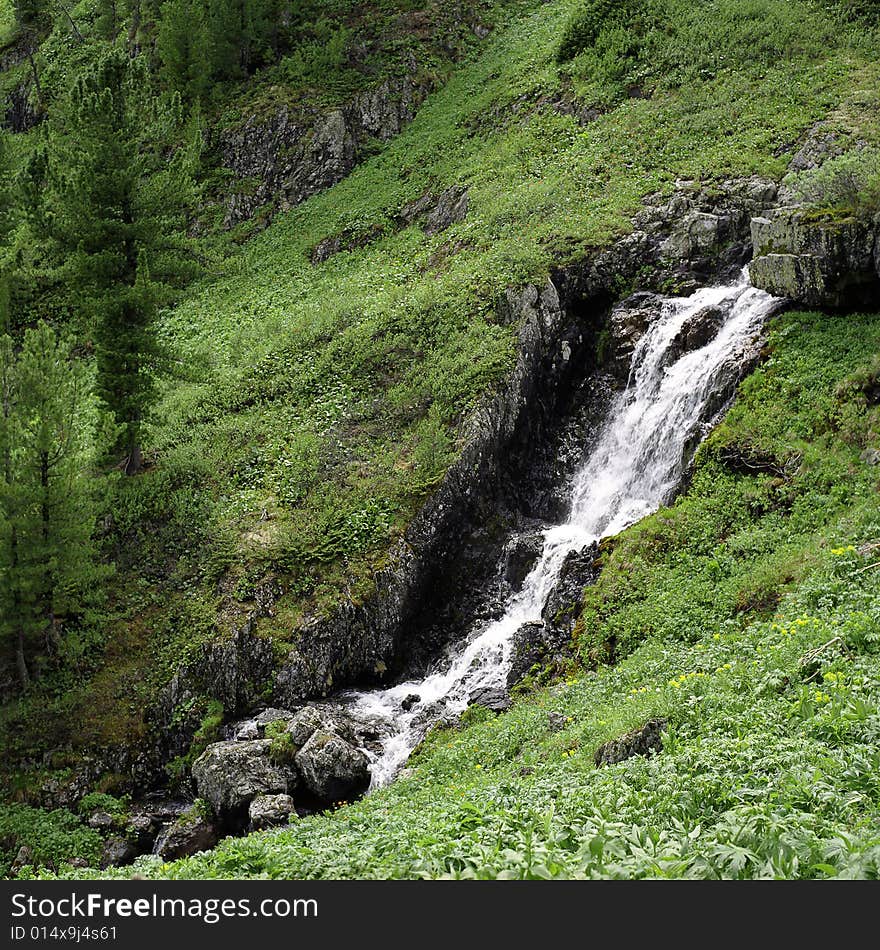 River flow in high mountains, green grass, water and clouds