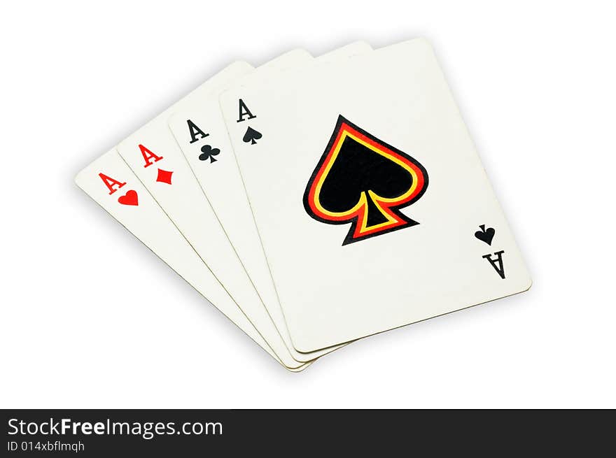 Four aces, poker cards on white background, isolated, clipping path excludes the shadow.