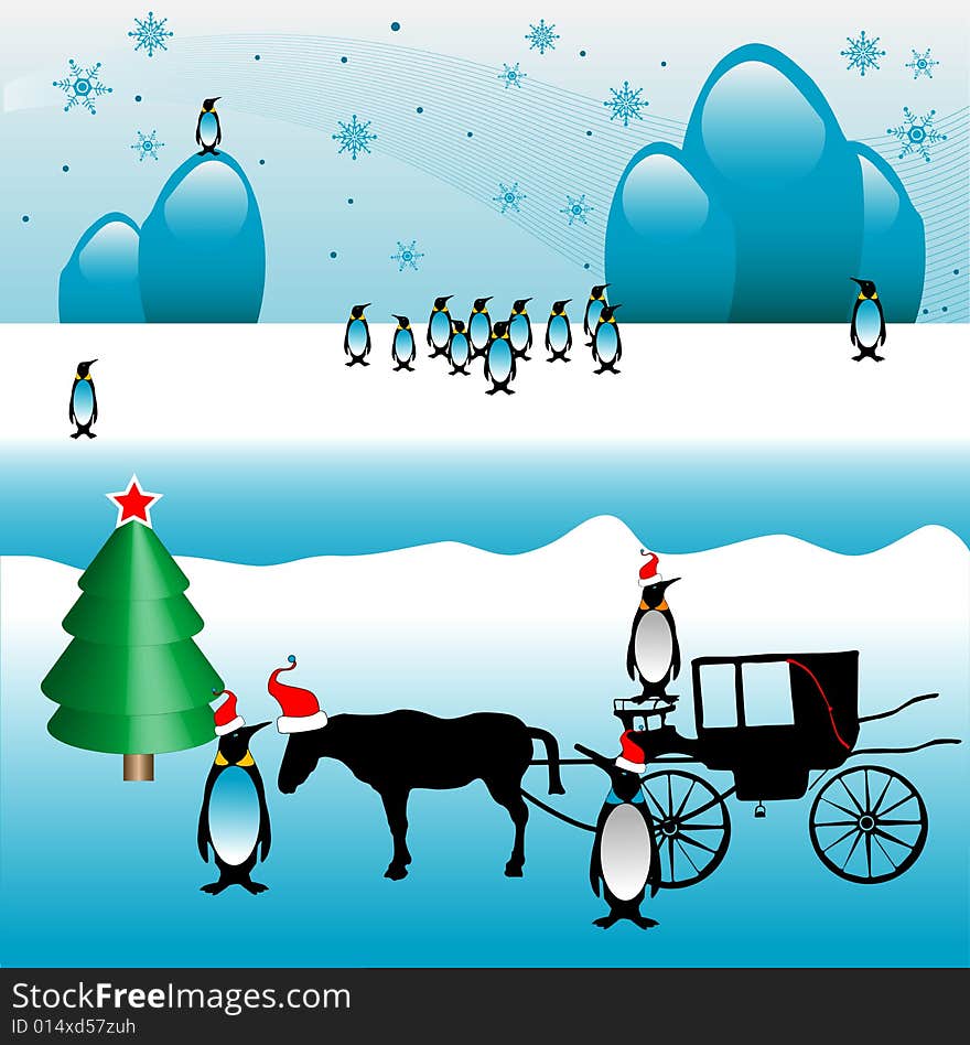 Abstract colored illustration with snowflakes, penguins, carriage dragged by a horse and Christmas tree. Abstract colored illustration with snowflakes, penguins, carriage dragged by a horse and Christmas tree