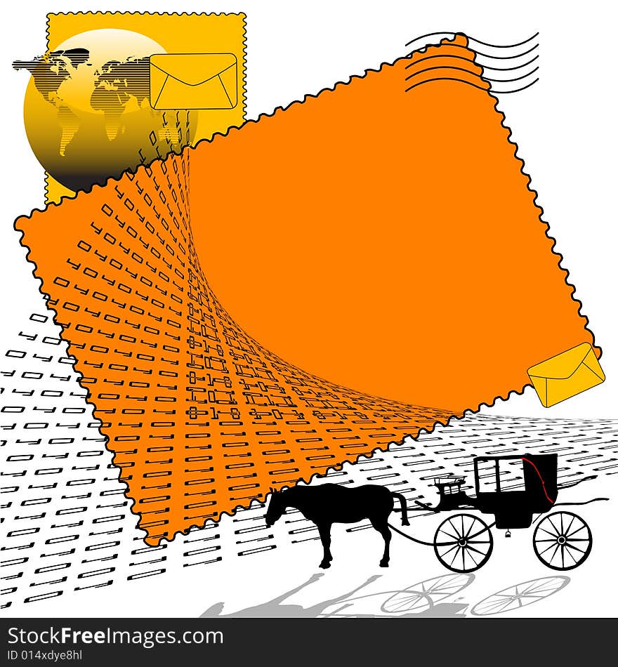 Abstract colored illustration with carriage dragged by a horse, envelopes, binary numbers and world map. Abstract colored illustration with carriage dragged by a horse, envelopes, binary numbers and world map