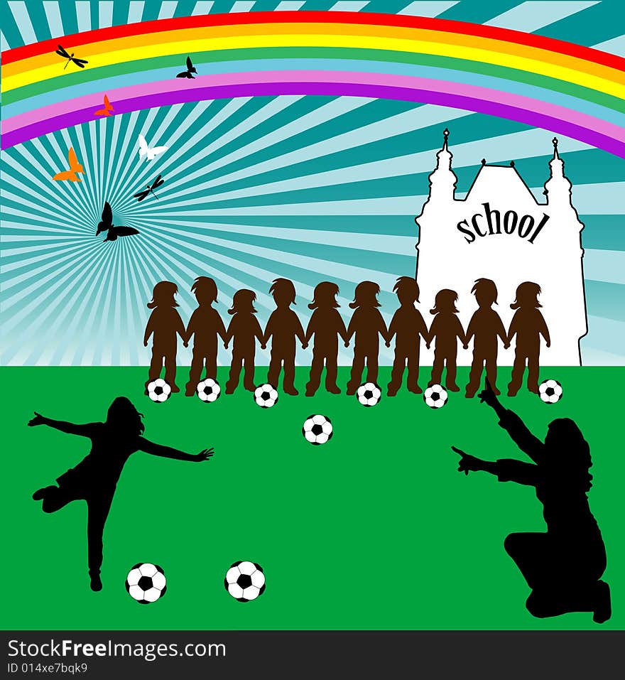 Abstract colored background with rainbow, butterflies, balls, school shape and children listening the indications of the sport teacher