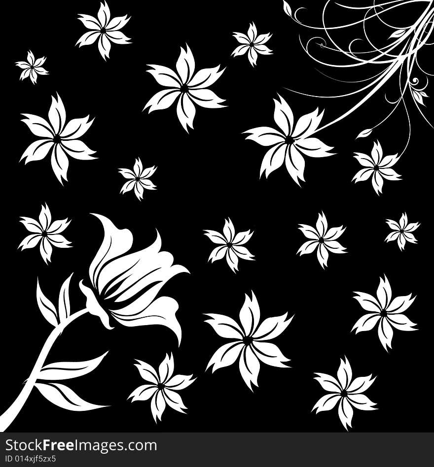 White flower patterns on black background