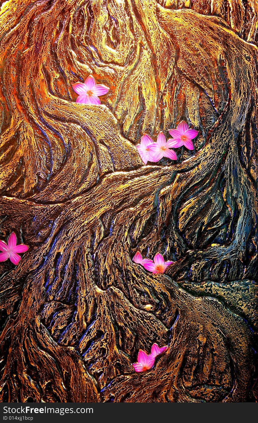 Flowers and Tree Roots Glass Painting