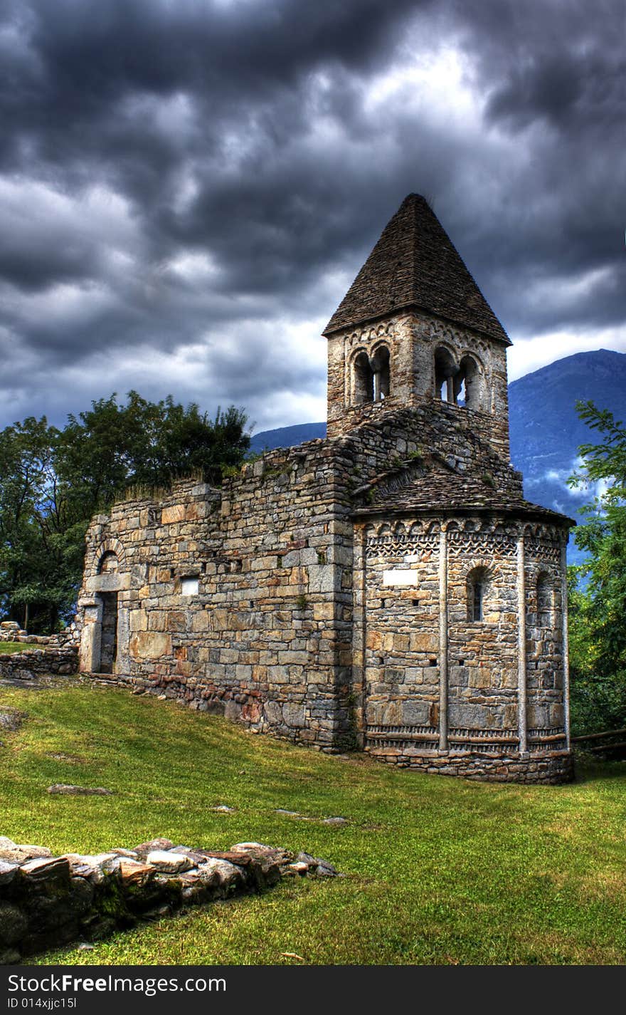 Ancient church with partly sunny skies