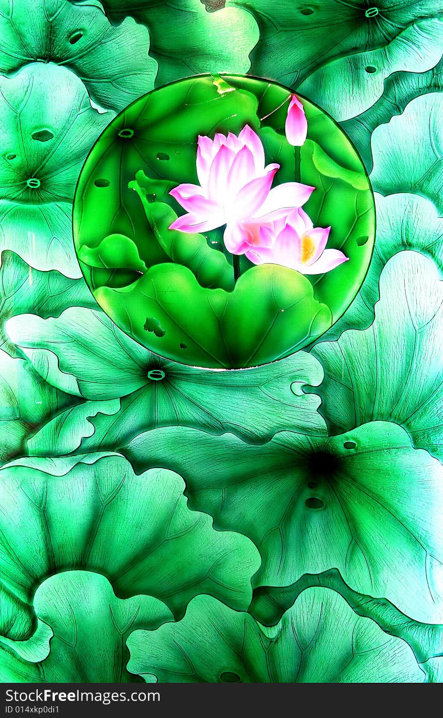 Lotus Flowers and Leaves Glass Painting. Lotus Flowers and Leaves Glass Painting