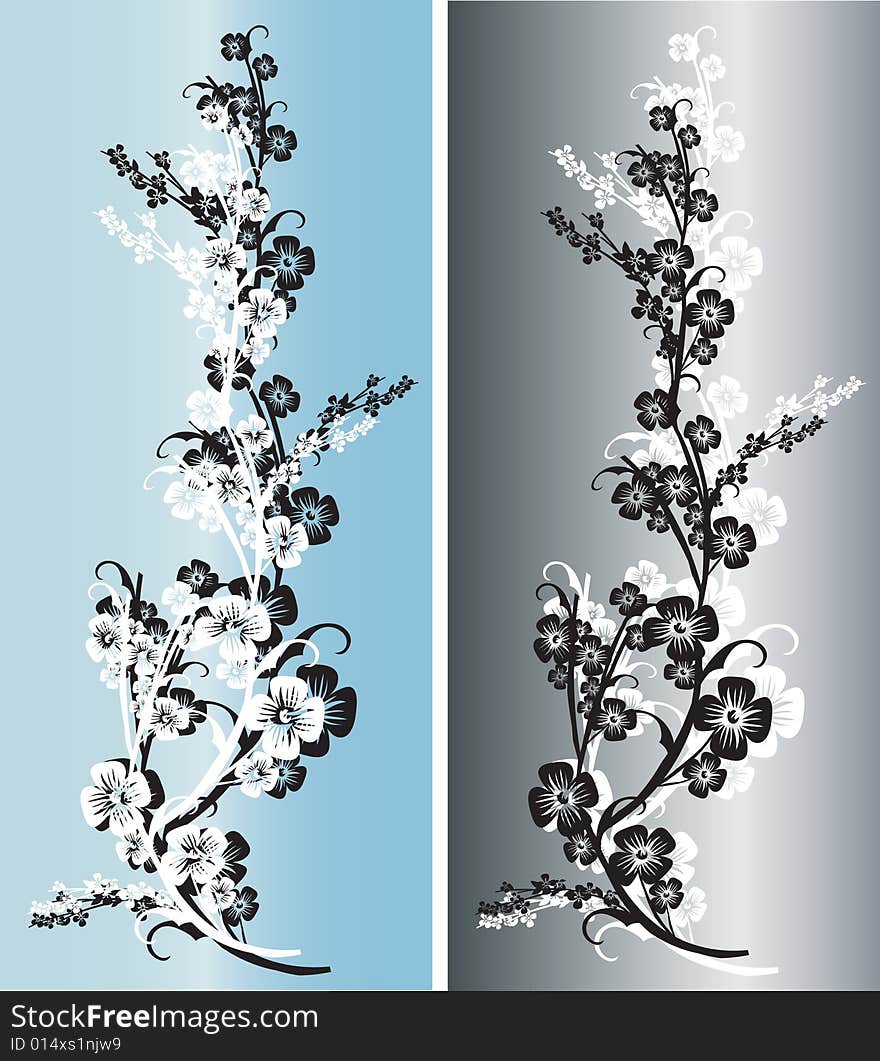 Pair of light blue and silver gray flowers with intricate ornaments and arabesques. Pair of light blue and silver gray flowers with intricate ornaments and arabesques