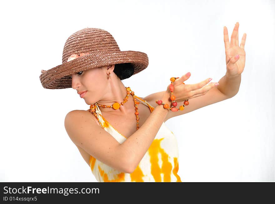 Portrait of young fashion woman posing with hat - isolated. Portrait of young fashion woman posing with hat - isolated