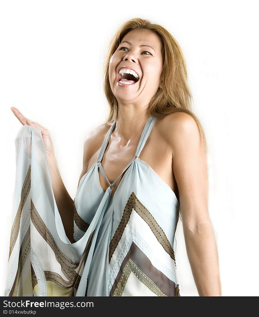 Pretty ethnic woman laughing on a white background. Pretty ethnic woman laughing on a white background